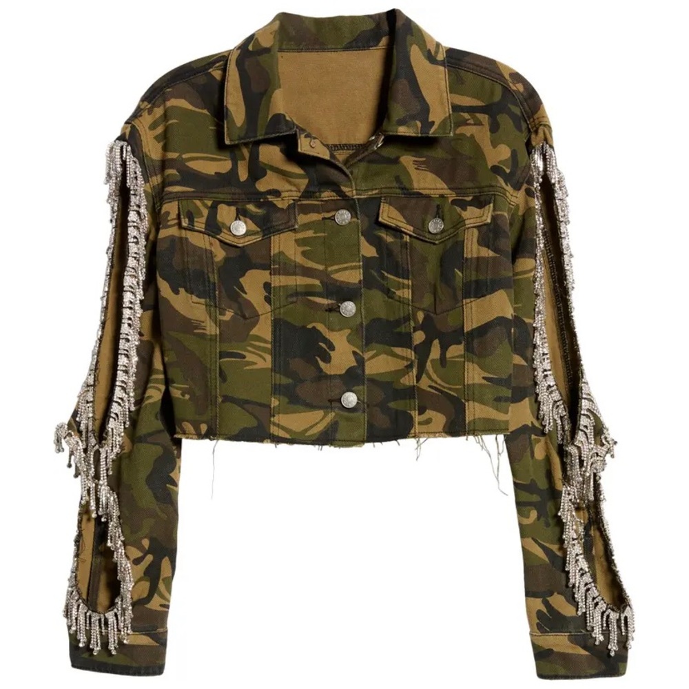 NWT Crystal Embellished Fringe Camo Print Jacket